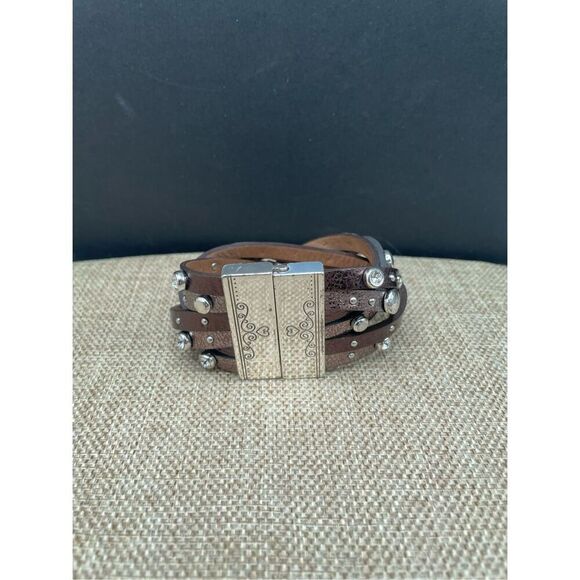 Brighton Thea Harlow Bronze Leather Braided Cuff Bracelet Studded Magnetic 7" - Picture 2 of 10